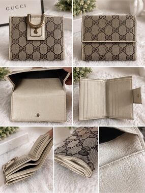 Vintage Gucci GG Monogram Canvas Bifold Wallet Beige Gold Horsebit